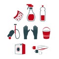 A set of vector illustrations, icons with objects, tools and devices for cleaning the house and premises. As well as home-made dis
